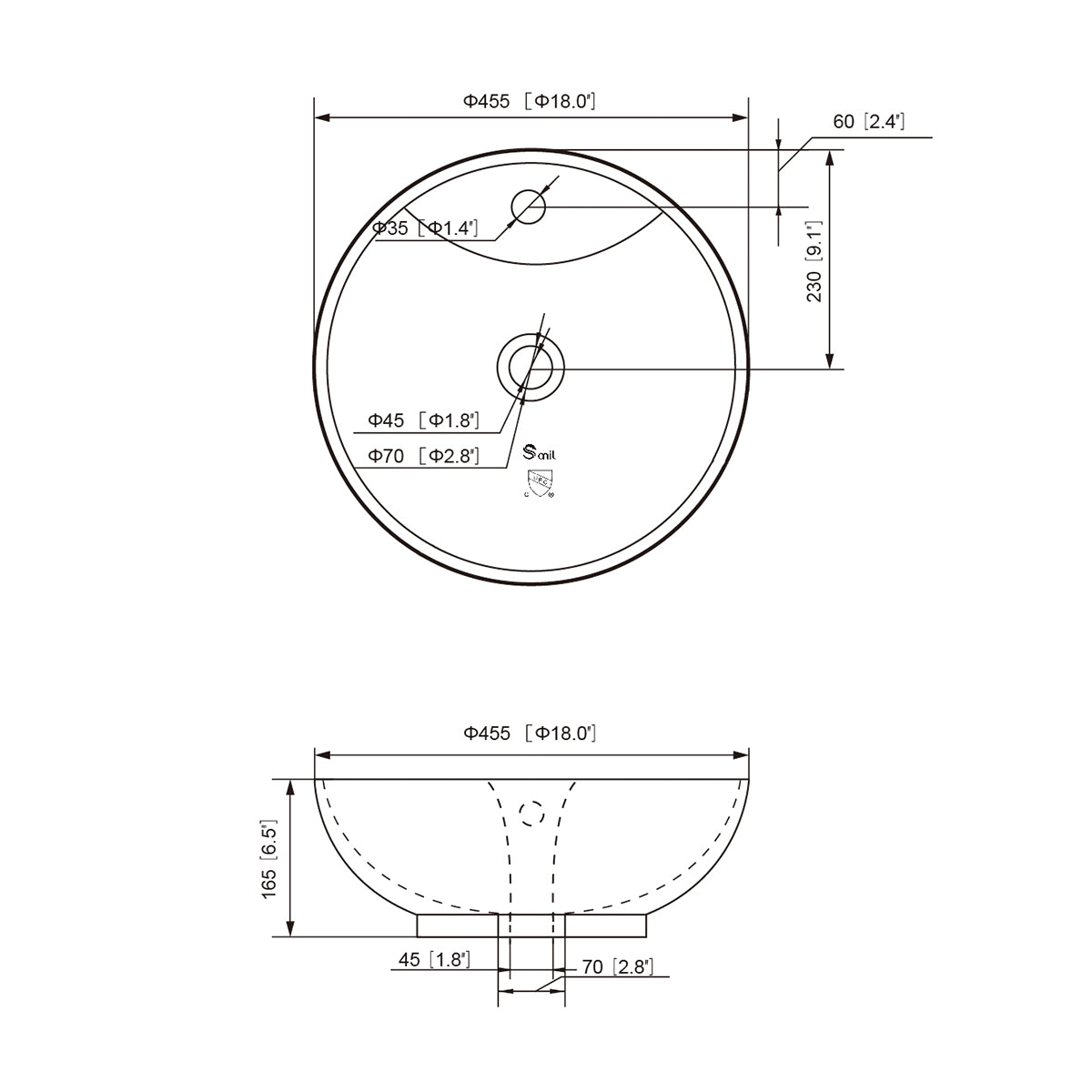 Dimension drawing of the 18 inch round ceramic vessel sink showing 18 in (455 mm) diameter, 6.5 in (165 mm) depth, and drain sizes