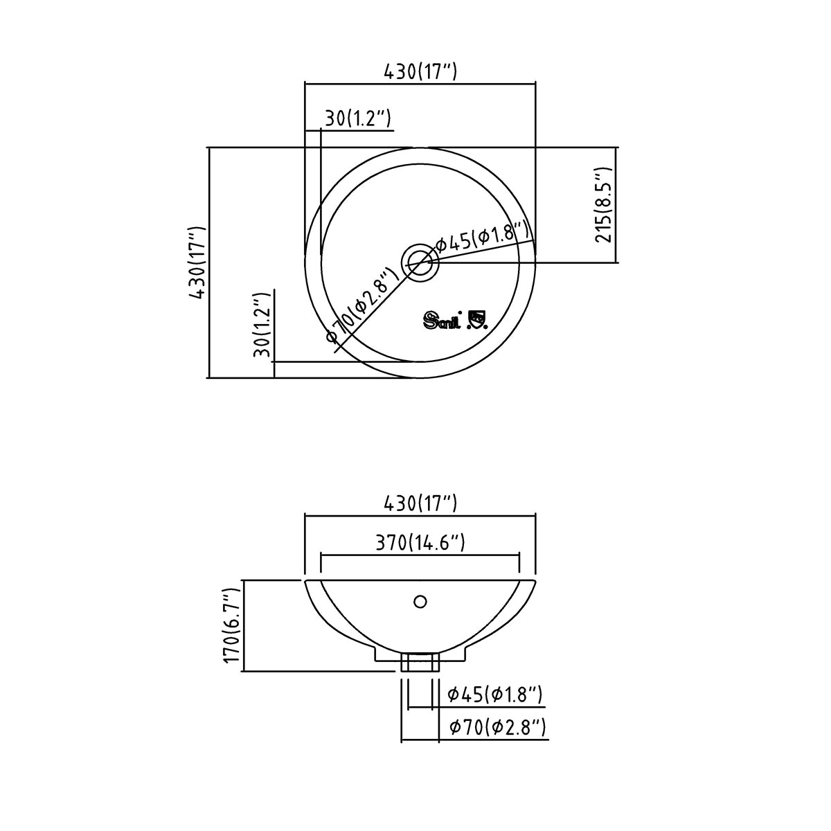 Spec drawing of the 17 inch round ceramic bowl sink: 17 in diameter, 14.6 in basin opening, 6.7 in height
