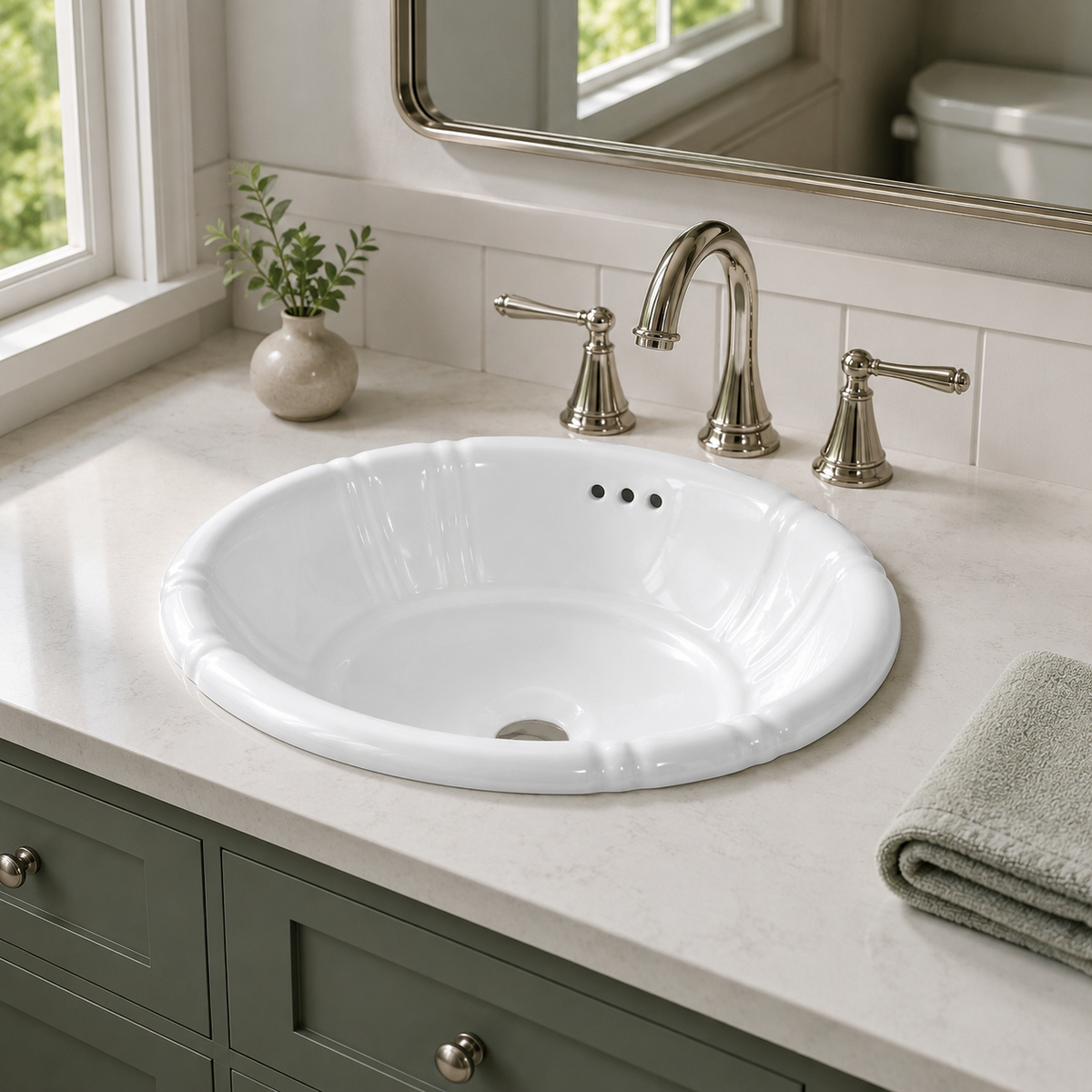 White fluted oval ceramic sink set into a stone vanity countertop with a deck-mounted widespread faucet