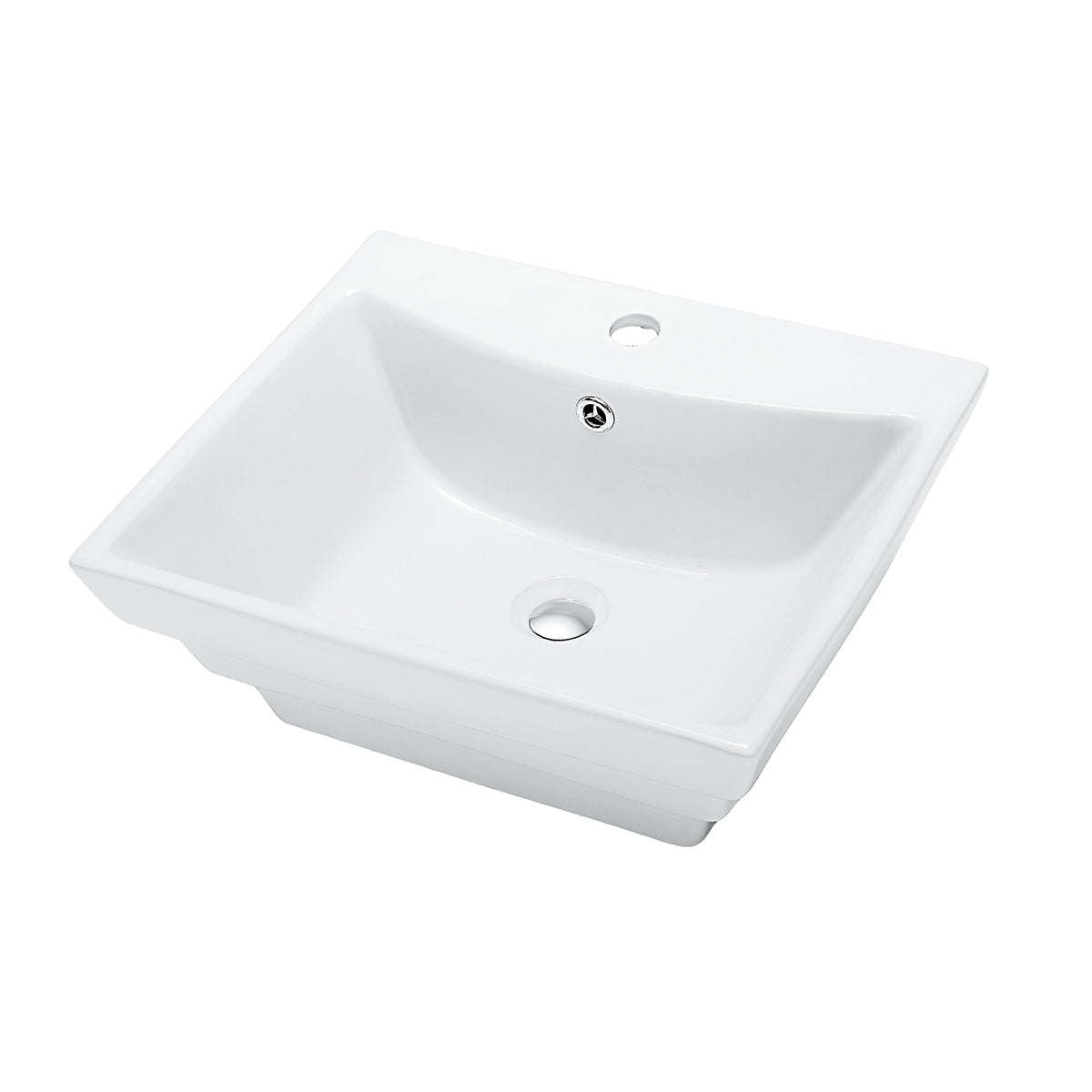 White deep ceramic vessel sink with faucet hole, a rectangular above-counter basin shown at an angle on a plain background