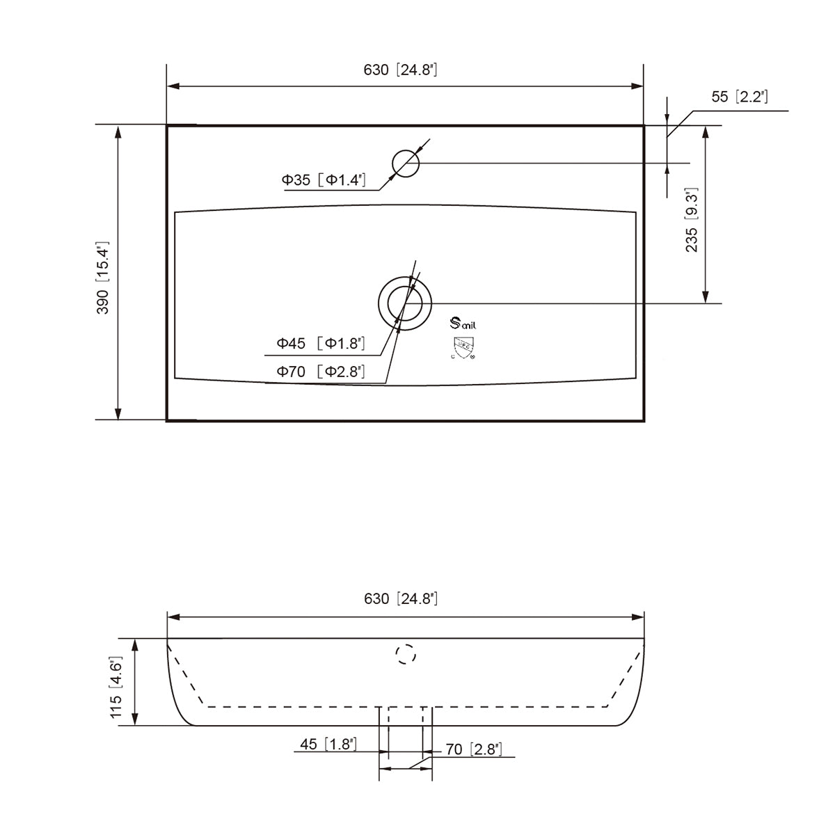 Dimension drawing of the 25 in ceramic vessel sink showing 24.8 x 15.4 x 4.6 in size and faucet hole