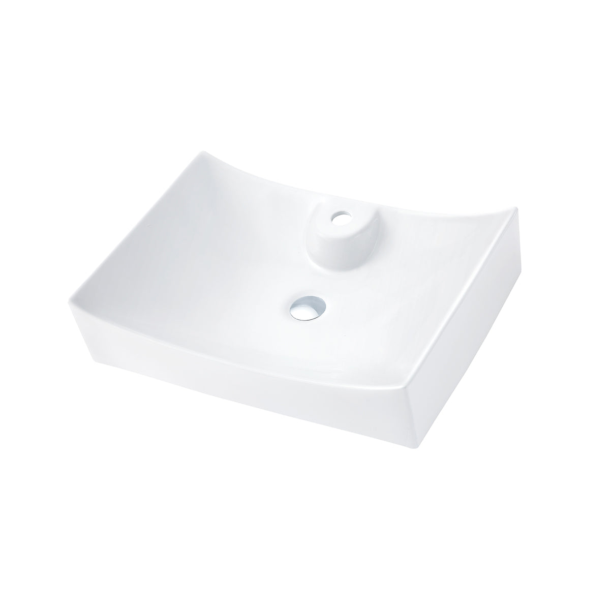 White rectangular 26 inch ceramic vessel sink with faucet hole shown at an angle on a plain background