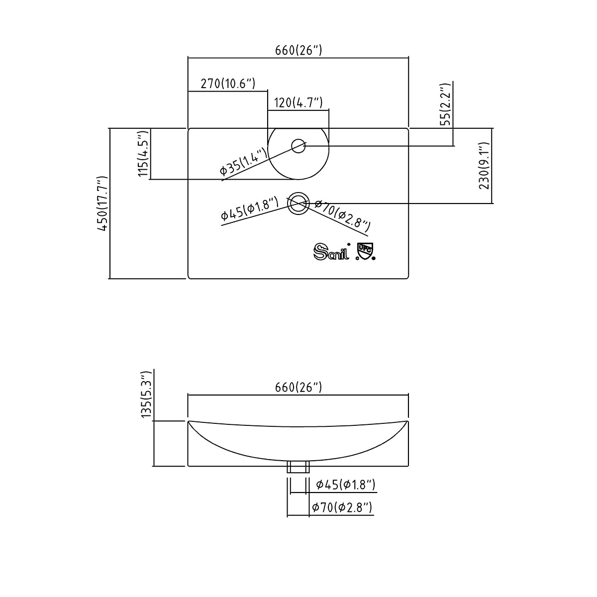 Dimensioned spec drawing of the rectangular ceramic vessel sink showing 26 inch width, faucet-hole position, and drain sizes