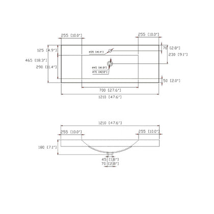 SN1538-120 single sink ceramic vanity top dimension drawing: 1210 mm (47.6 in) wide, 465 mm (18.3 in) deep, 700 mm (27.6 in) basin opening