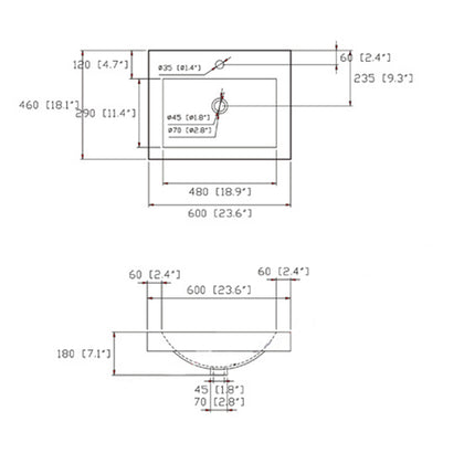 SN1538-60 ceramic vanity top with sink dimension drawing: 600 mm (23.6 in) wide, 460 mm (18.1 in) deep, 480 mm (18.9 in) basin opening