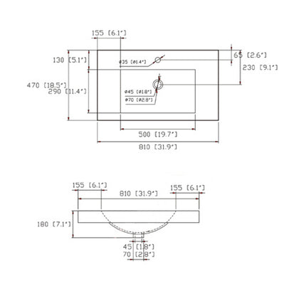SN1538-80 ceramic vanity top with basin dimension drawing: 810 mm (31.9 in) wide, 470 mm (18.5 in) deep, 500 mm (19.7 in) basin opening