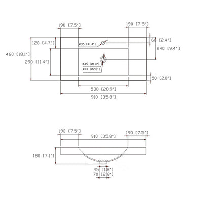 SN1538-90 ceramic vanity top dimension drawing: 910 mm (35.8 in) wide, 460 mm (18.1 in) deep, 530 mm (20.9 in) basin opening