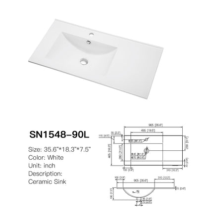 SANIKB SN1548-90L ceramic vanity top, 35.6 x 18.3 in, left-offset bowl with deck space on the right, single faucet hole and spec drawing