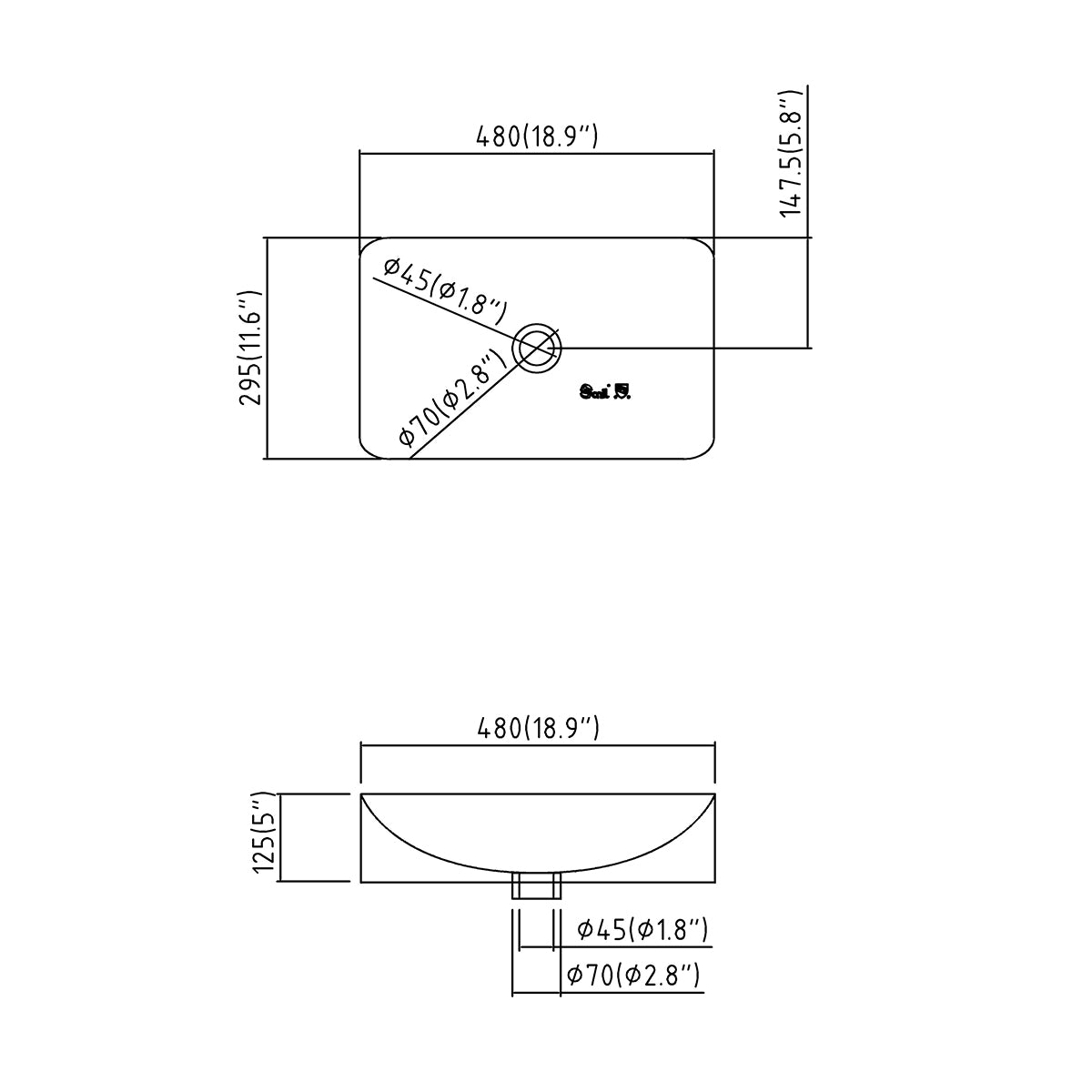 Dimensioned spec drawing of the rectangular vessel sink showing 480 × 295 mm footprint, 125 mm height, and drain layout