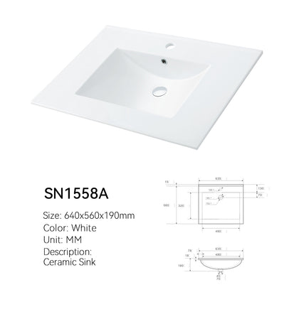SN1558A wide deck ceramic vanity sink, white, 640 mm (about 25 in) wide, single faucet hole, with dimensioned spec drawing