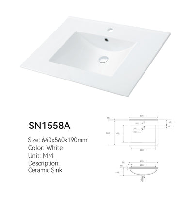 SN1558A wide deck ceramic vanity sink, white, 640 mm (about 25 in) wide, single faucet hole, with dimensioned spec drawing