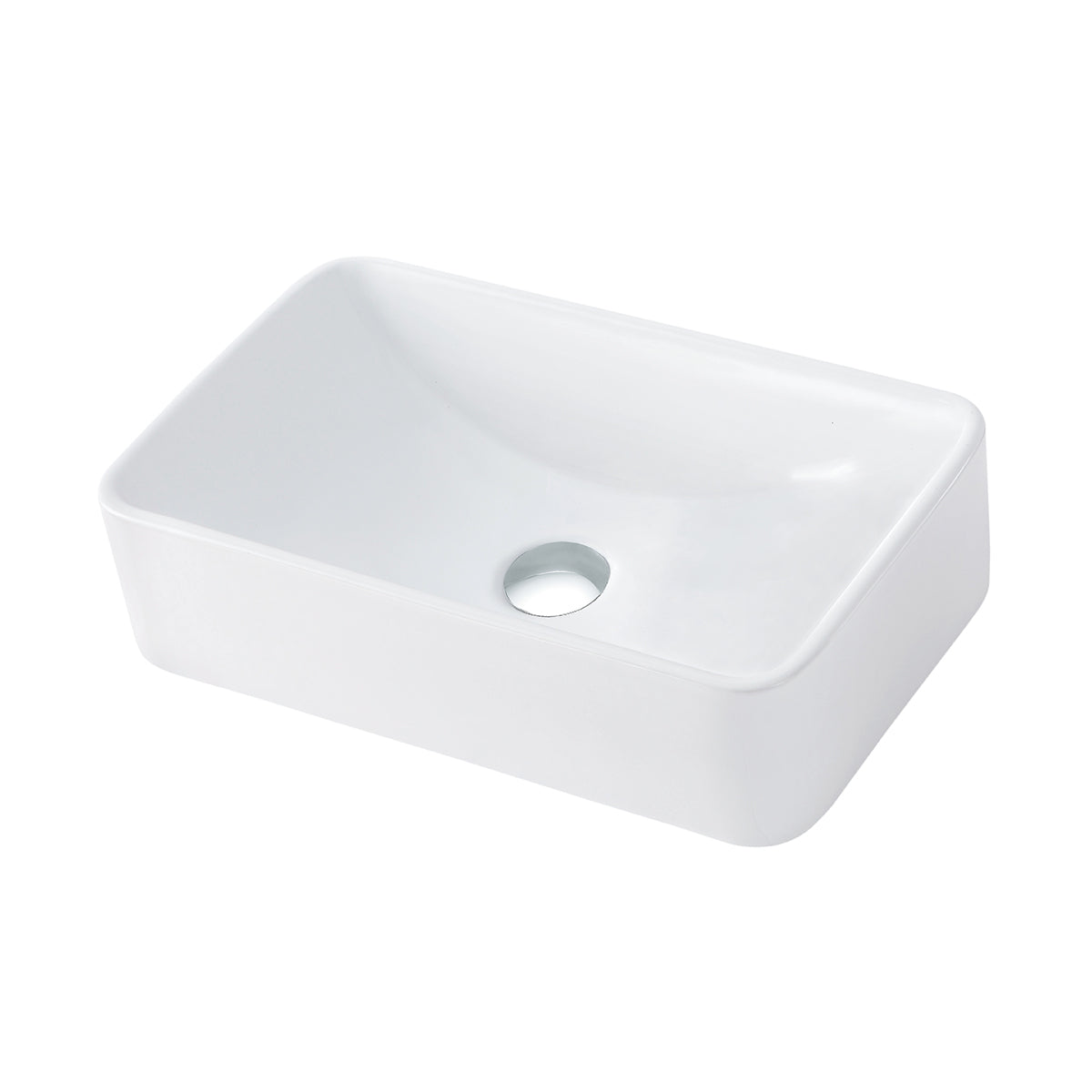 Angled studio view of a slim rectangular ceramic countertop sink in glossy white with a single off-center drain