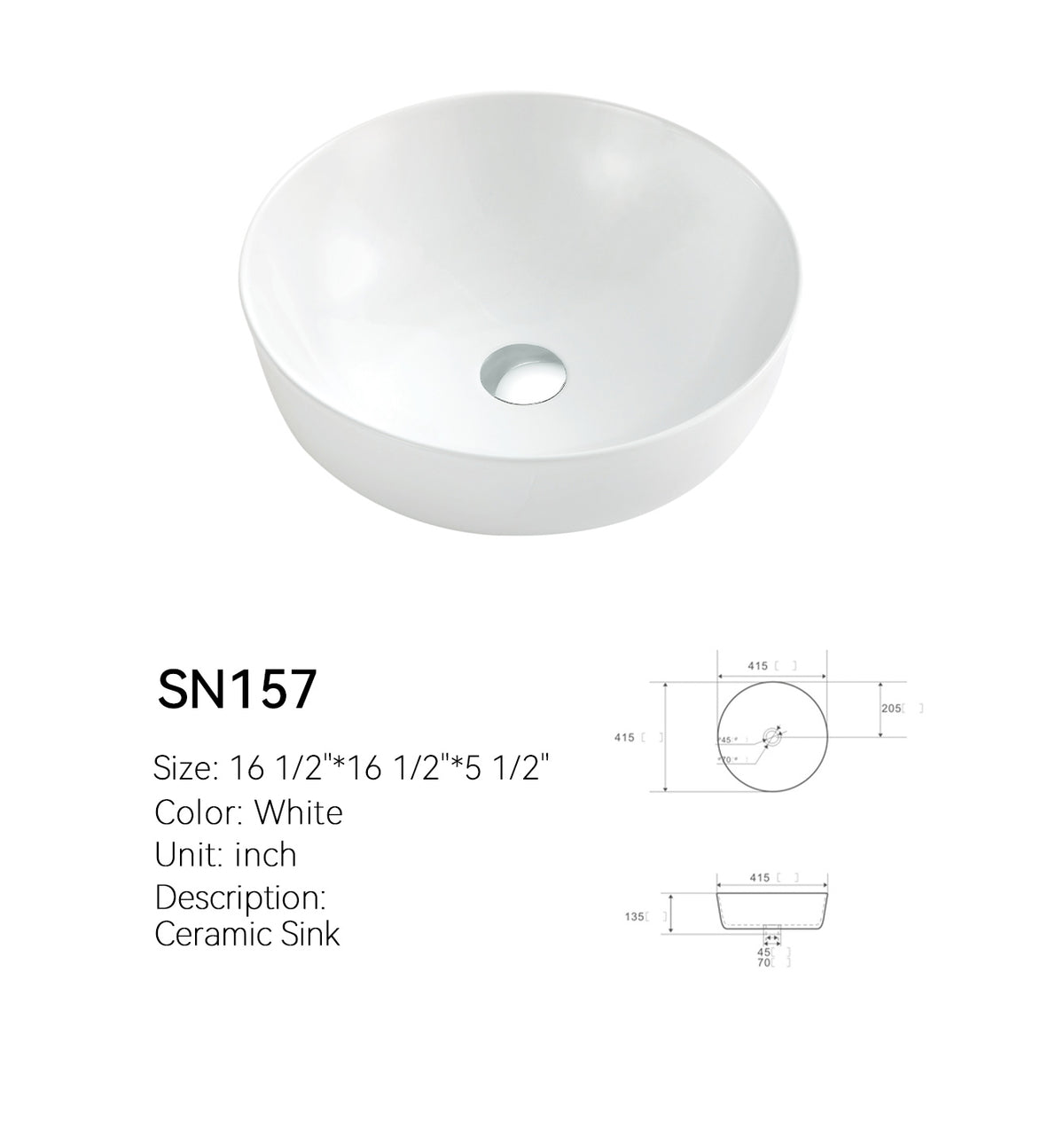 White round ceramic above-counter basin SN157, side profile showing the rounded bowl, rim, and single center drain