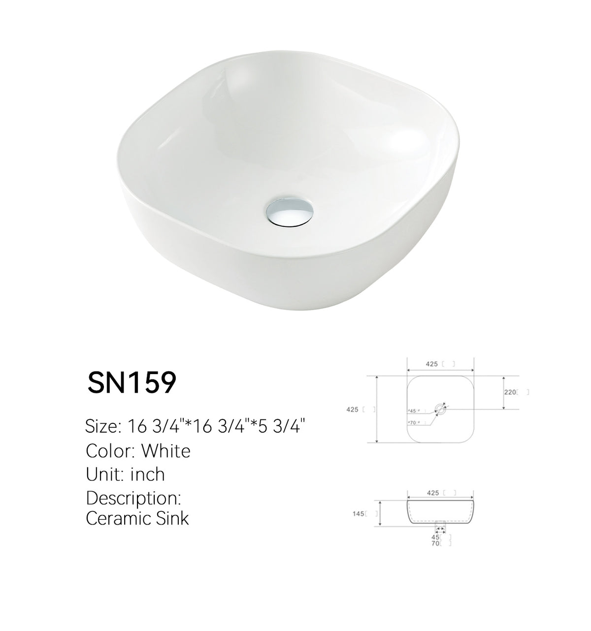 SN159 17 inch soft square ceramic vessel sink in gloss white, angled view with dimensioned spec drawing, 16 3/4 in (425 mm) footprint