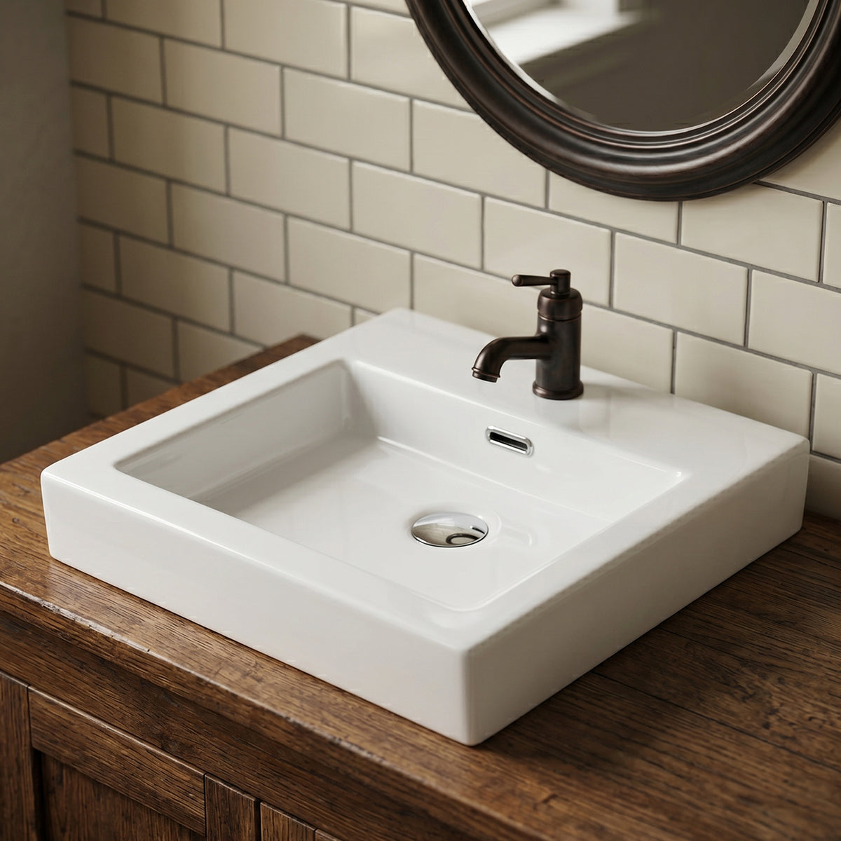 Rectangular ceramic vessel sink with faucet deck installed on bathroom vanity with brushed gold faucet