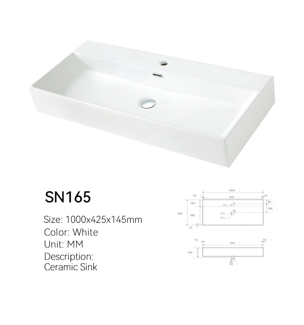 White ceramic 39 inch trough vessel sink (SANIKB SN165), single faucet hole and center drain, with dimensioned spec drawings.