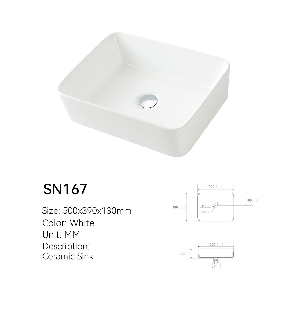 Dimension drawing of SN167 rounded rectangular ceramic vessel sink, 500 x 390 mm basin with 130 mm height and center drain