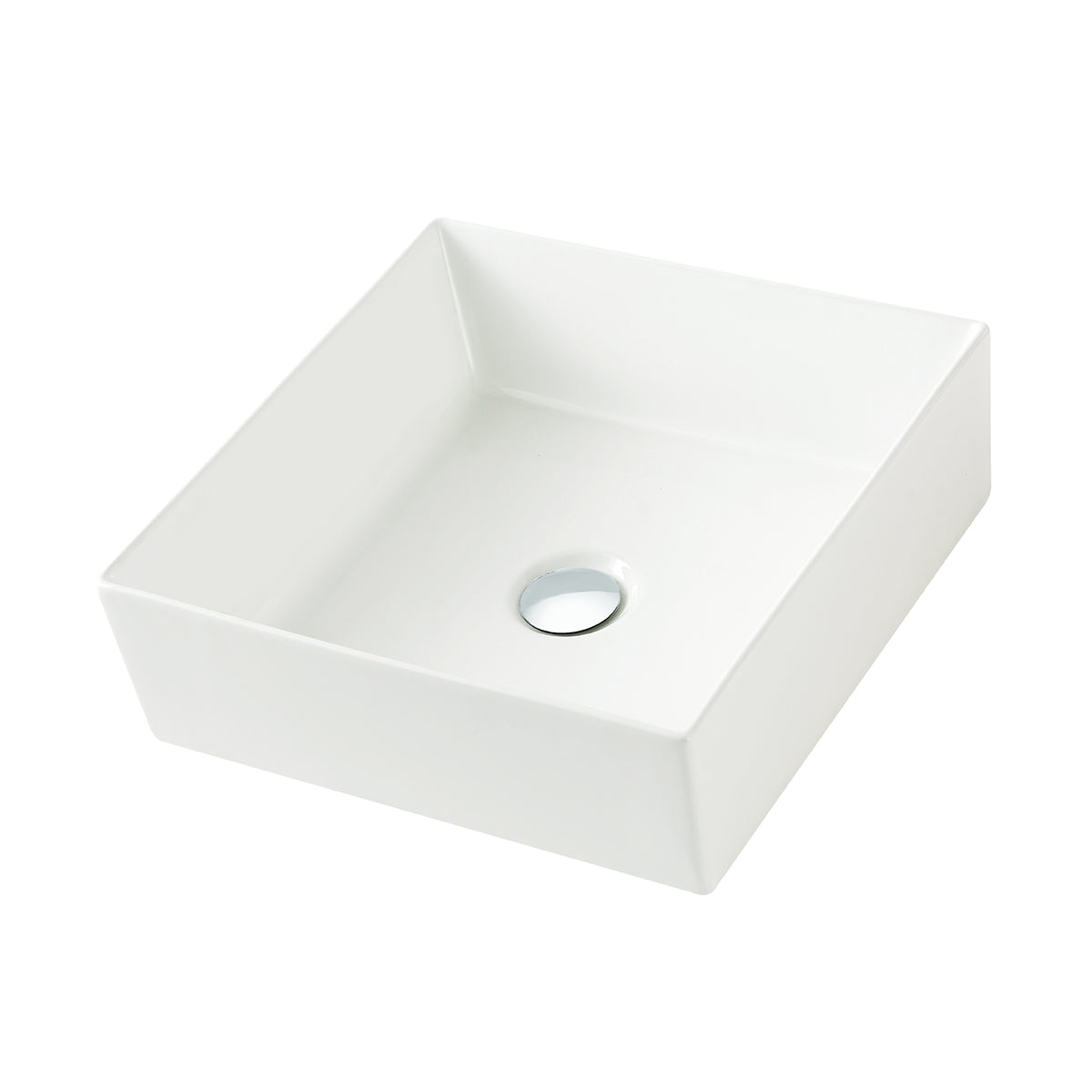 Square ceramic vessel sink, white above-counter basin with sloped walls and center drain, 390 × 390 mm