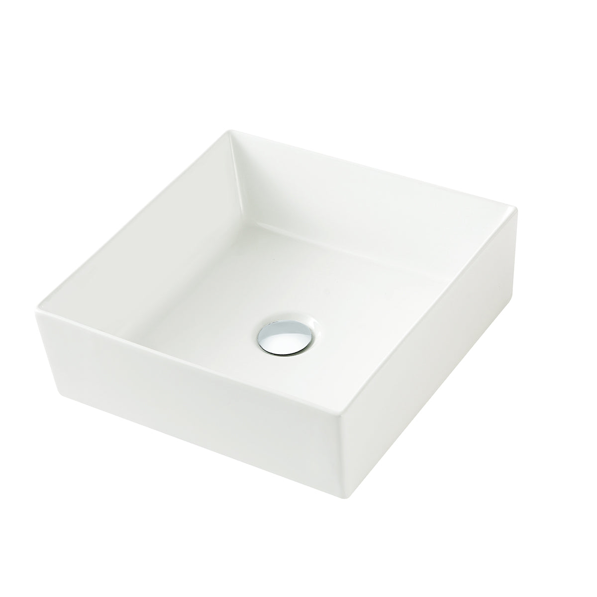 16 inch square ceramic vessel sink without faucet hole, white tapered above-counter basin with a centered drain