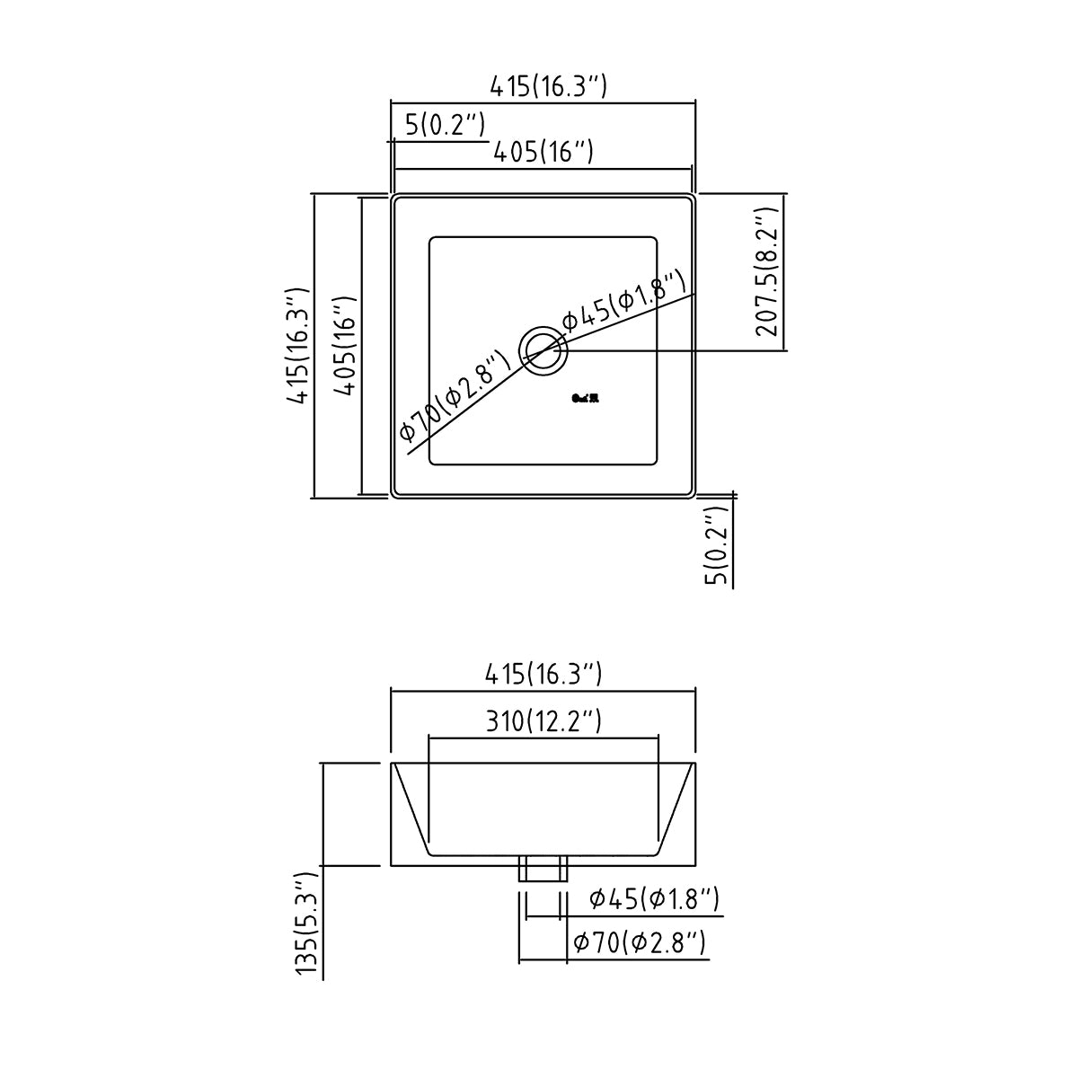 Technical drawing of the 16 inch square ceramic vessel sink showing 415 mm (16.3 inch) footprint, 135 mm height and 45 mm drain