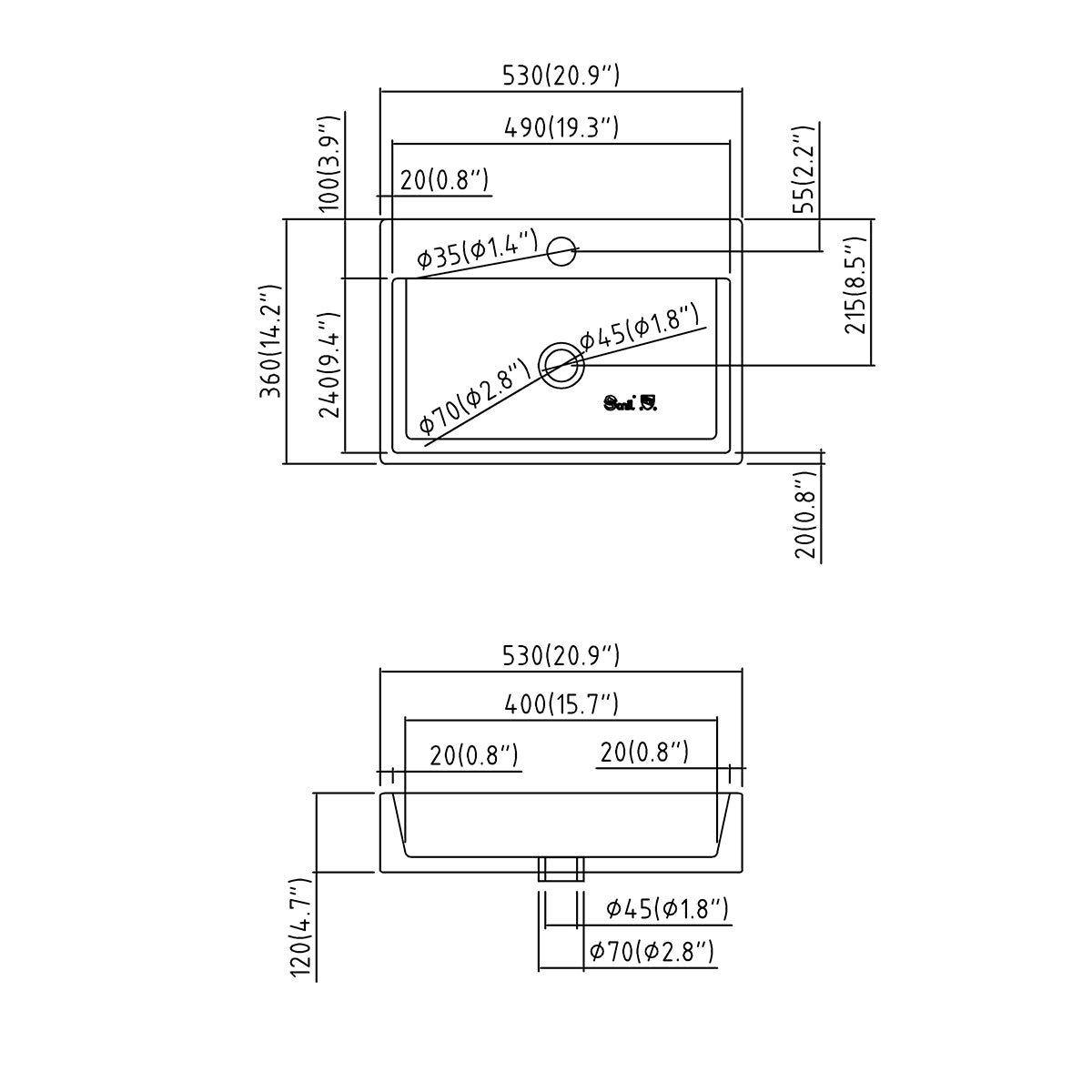 Dimensioned drawing of the 21 inch rectangular ceramic vessel sink with 530 x 360 x 120 mm size, faucet hole, and drain