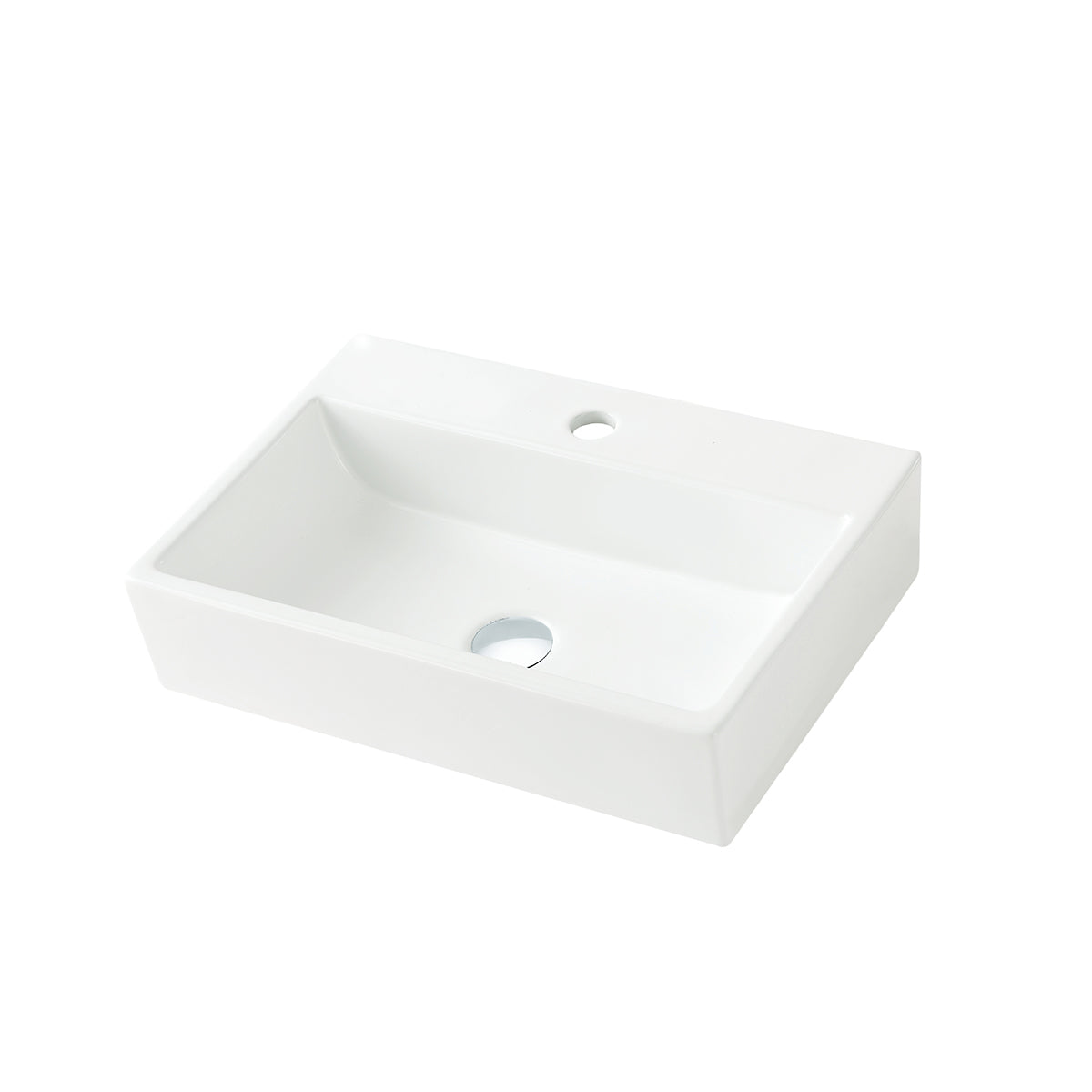21 inch low profile rectangular ceramic vessel sink at an angle, showing the single pre-drilled faucet hole and drain