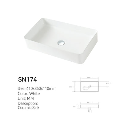 White SN174 slim rectangular ceramic vessel sink with center drain, above-counter basin