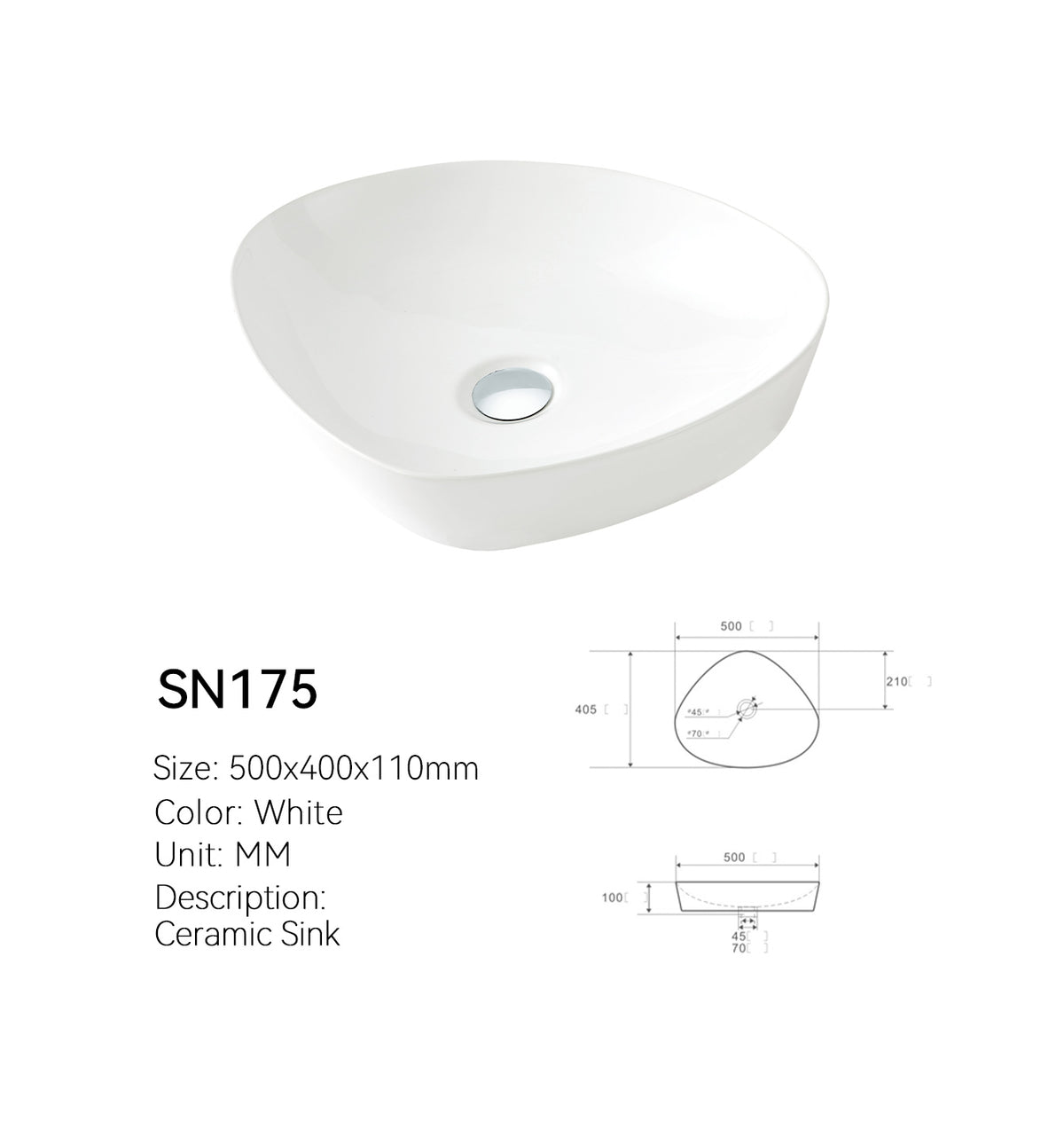 SANIKB SN175 20 inch asymmetrical ceramic vessel sink in white glaze, angled view with dimensioned spec drawing
