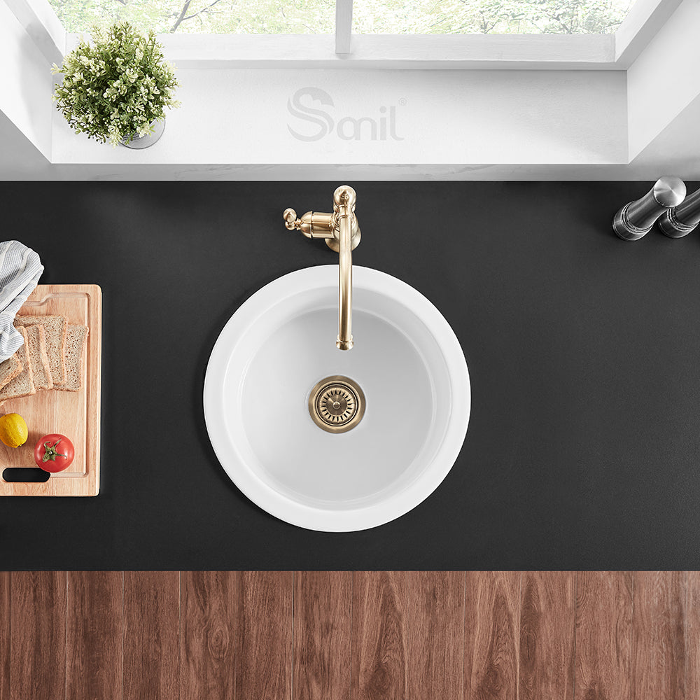 SANIKB SN1818R Round Ceramic Prep Sink – Compact Utility Design for Bars & Auxiliary Workstations