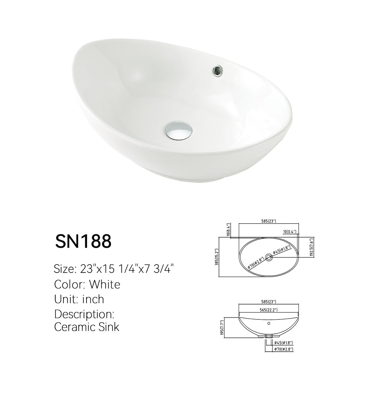 SANIKB SN188 oval vessel sink dimension drawing showing 23 by 15 1/4 by 7 3/4 inch size and drain openings