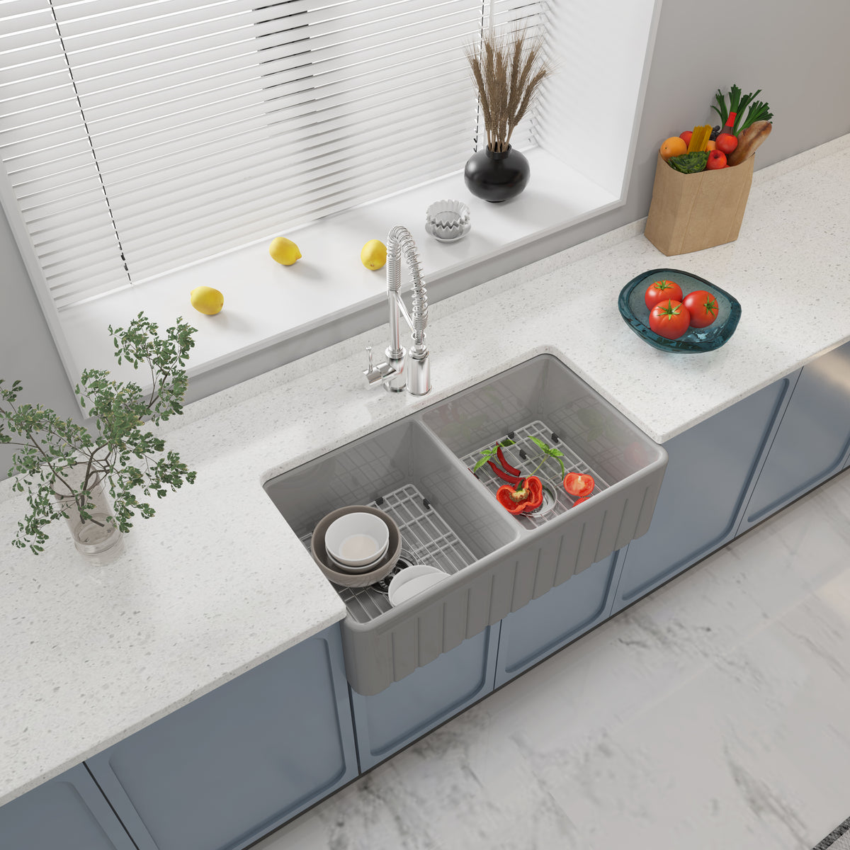 33 Inch Double Farm Sink Kitchen – White Farmhouse Sink | Model SN3318TD