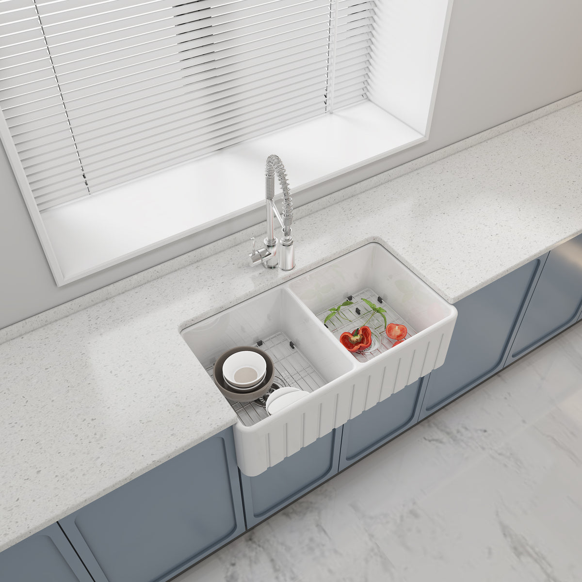 33 Inch Double Farm Sink Kitchen – White Farmhouse Sink | Model SN3318TD