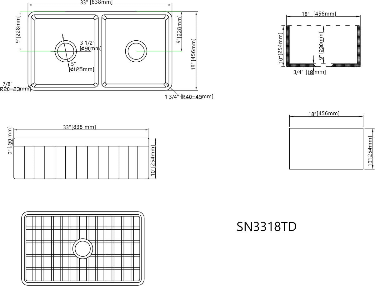 33 Inch Double Farm Sink Kitchen – White Farmhouse Sink | Model SN3318TD