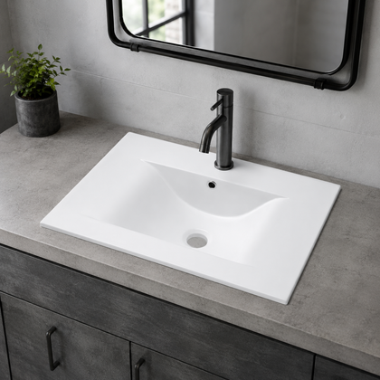 Close-up of the SN5005-60 single ceramic vanity basin and black single-hole faucet on a gray vanity top