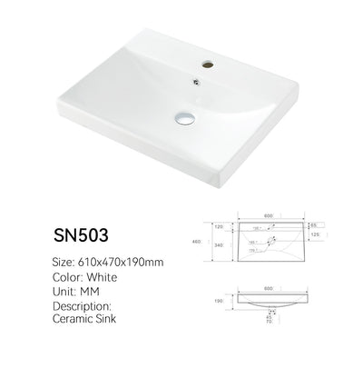 SN503 24 inch ceramic vanity sink spec drawing with 610 x 470 x 190 mm dimensions, single faucet hole, and overflow