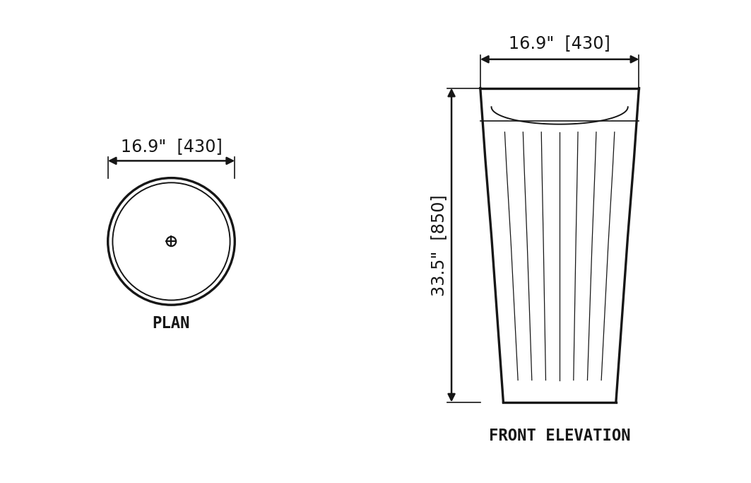 SANIKB SP1006 Lilac White marble — fluted pedestal basin dimension drawing (16.9" × 16.9" × 33.5" H (430 × 430 × 850 mm))