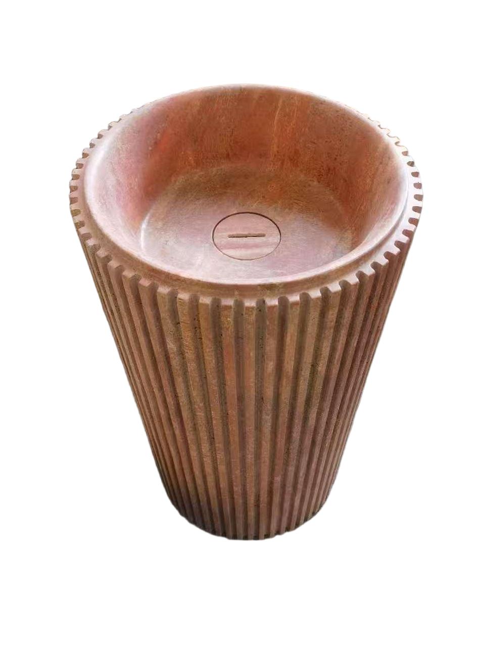 Fluted natural stone brown bathroom pedestal basin SP1011