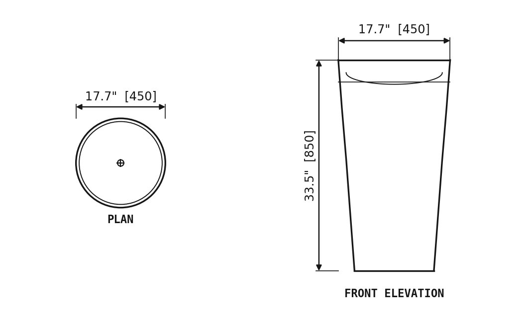 SANIKB SP1027 Carrara White marble — tapered pedestal basin dimension drawing (17.7" × 17.7" × 33.5" H (450 × 450 × 850 mm))