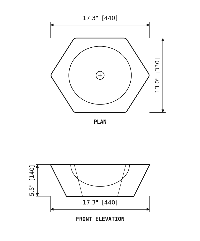 SANIKB SP103 Grey fossil limestone — oval vessel basin dimension drawing (17.3" × 13.0" (440 × 330 × 140 mm))