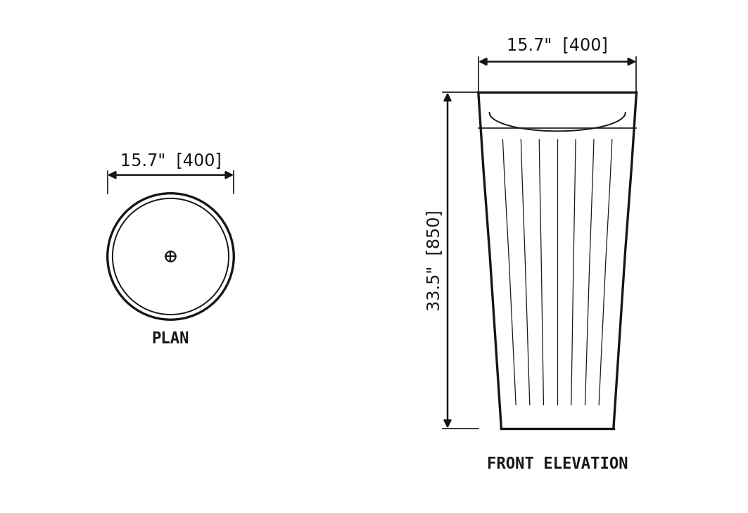 SANIKB SP1034 Travertine — fluted pedestal basin dimension drawing (15.7" × 15.7" × 33.5" H (400 × 400 × 850 mm))