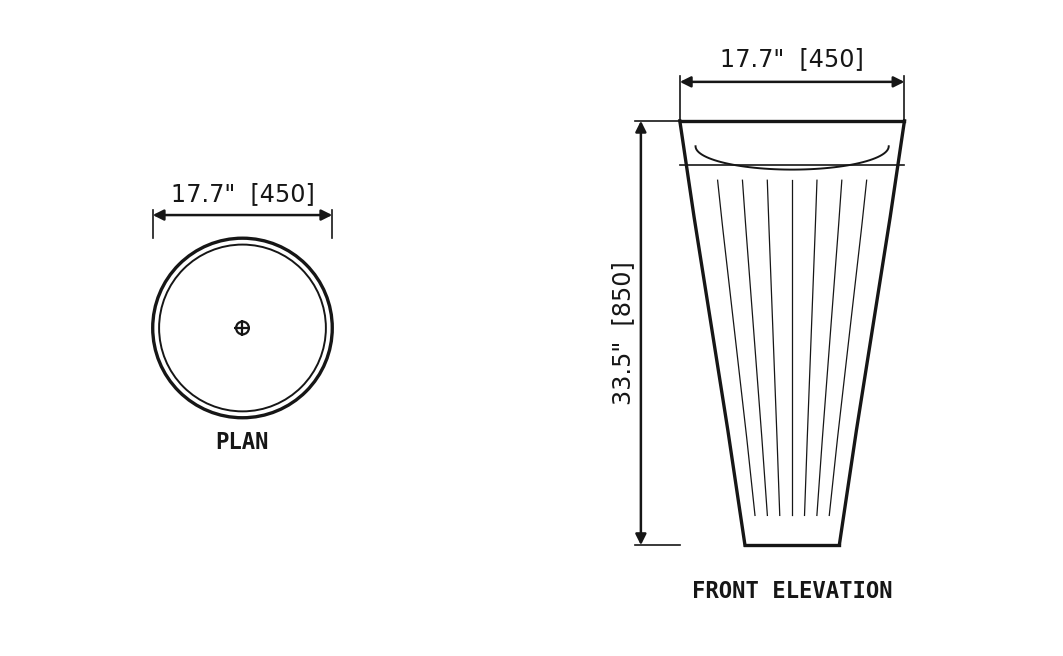 SANIKB SP1047 Carrara White marble — fluted pedestal basin dimension drawing (17.7" × 17.7" × 33.5" H (450 × 450 × 850 mm))