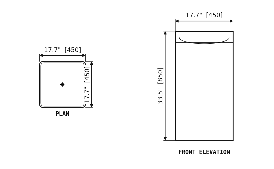 SANIKB SP1049 Travertine — square pedestal basin dimension drawing (17.7" × 17.7" × 33.5" H (450 × 450 × 850 mm))