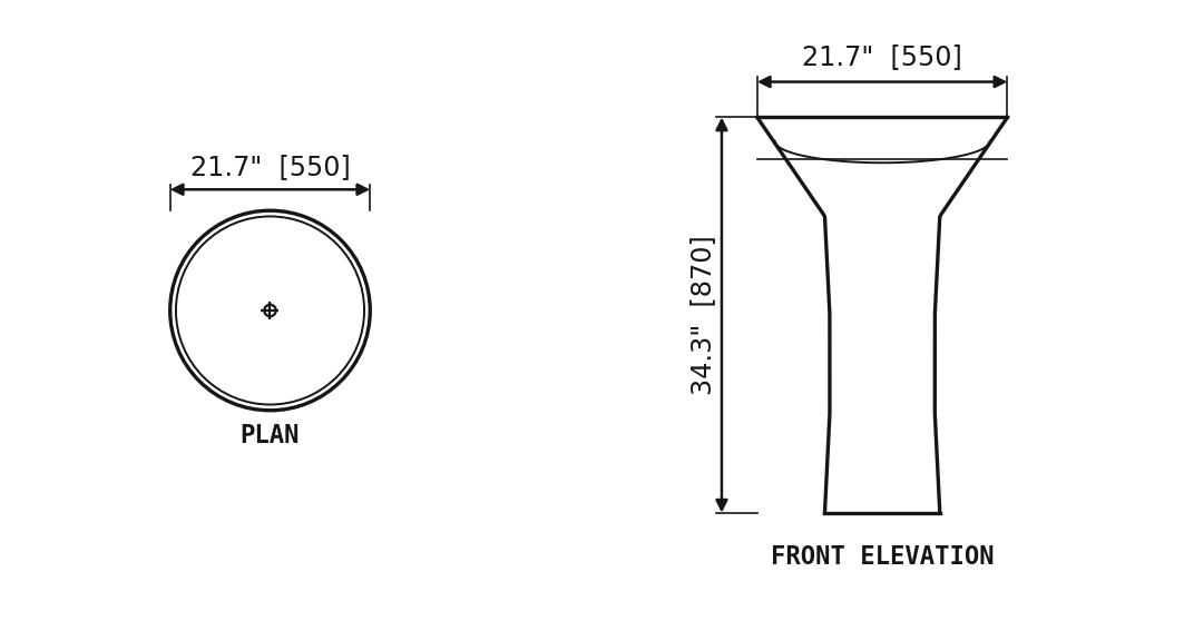 SANIKB SP1053 Travertine — flared pedestal basin dimension drawing (21.7" × 15.7" × 34.3" H (550 × 400 × 870 mm))