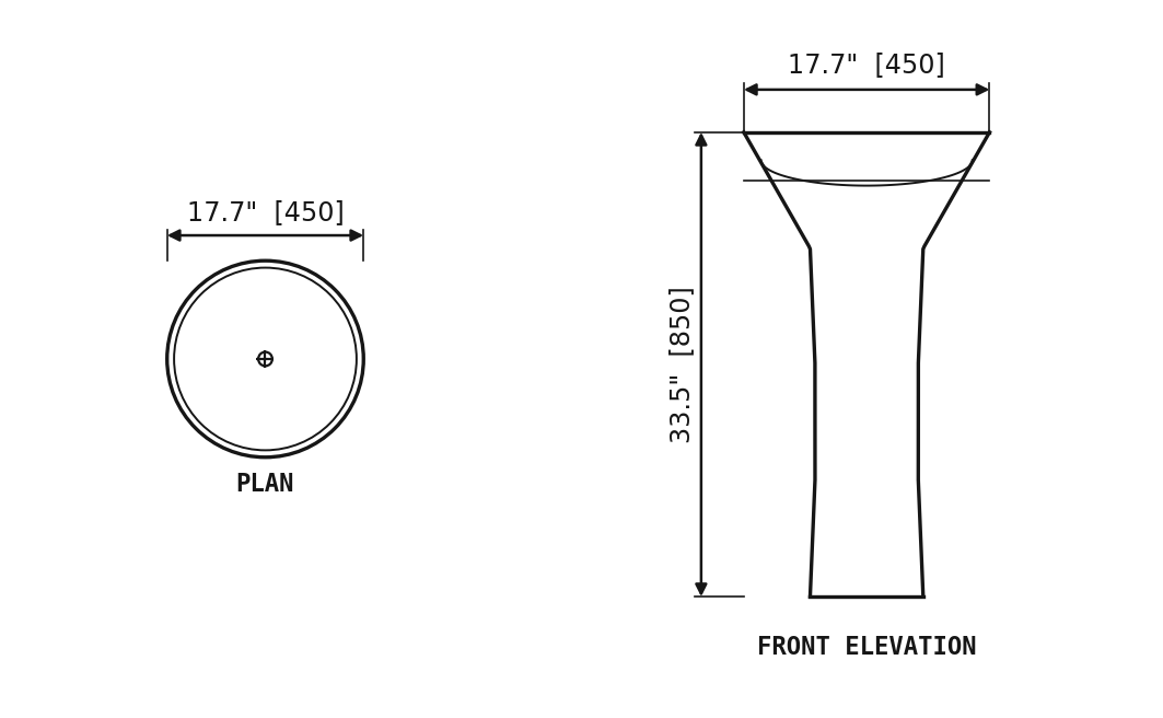 SANIKB SP1058 Beige marble — flared pedestal basin dimension drawing (17.7" × 17.7" × 33.5" H (450 × 450 × 850 mm))