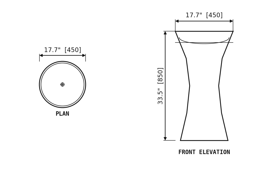 SANIKB SP1059 Nero Marquina marble (black & white) — flared pedestal basin dimension drawing (17.7" × 17.7" × 33.5" H (450 × 450 × 850 mm))