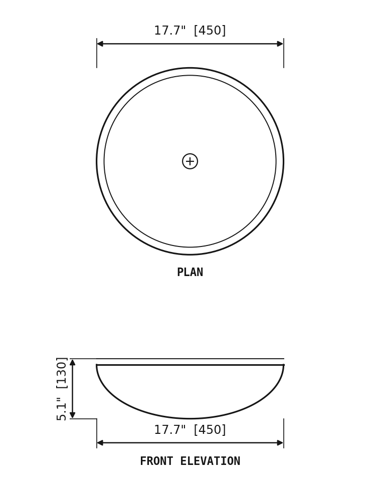 SANIKB SP255 Beige travertine — round vessel basin dimension drawing (Ø17.7" × 5.1" H (Ø450 × 130 mm))
