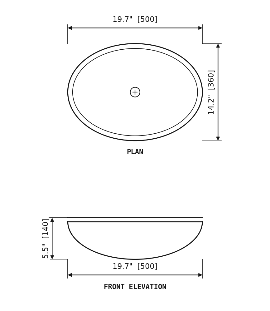 SANIKB SP281 Beige travertine — round vessel basin dimension drawing (19.7" × 14.2" (500 × 360 × 140 mm))
