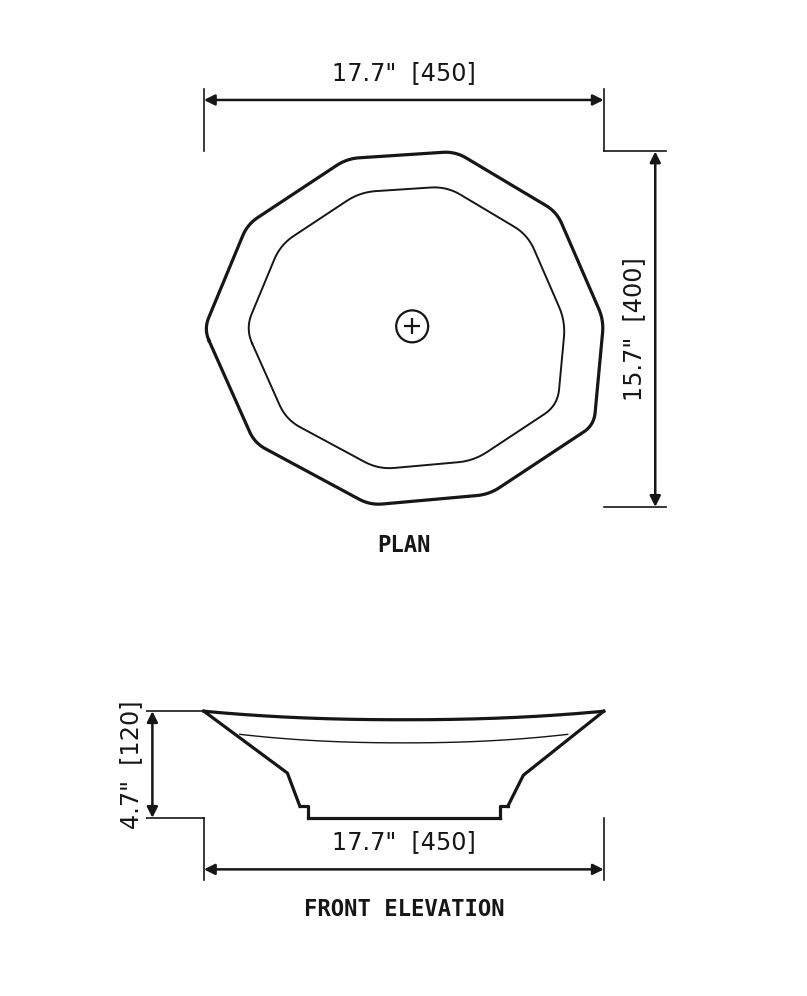 SANIKB SP406 Beige marble — boat-shaped vessel basin dimension drawing (17.7" × 15.7" (450 × 400 × 120 mm))