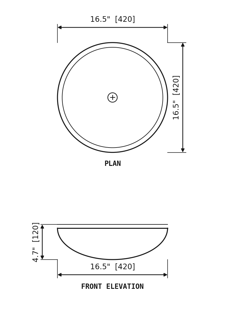 SANIKB SP517 Black and Gold marble — oval vessel basin dimension drawing (16.5" × 16.5" (420 × 420 × 120 mm))