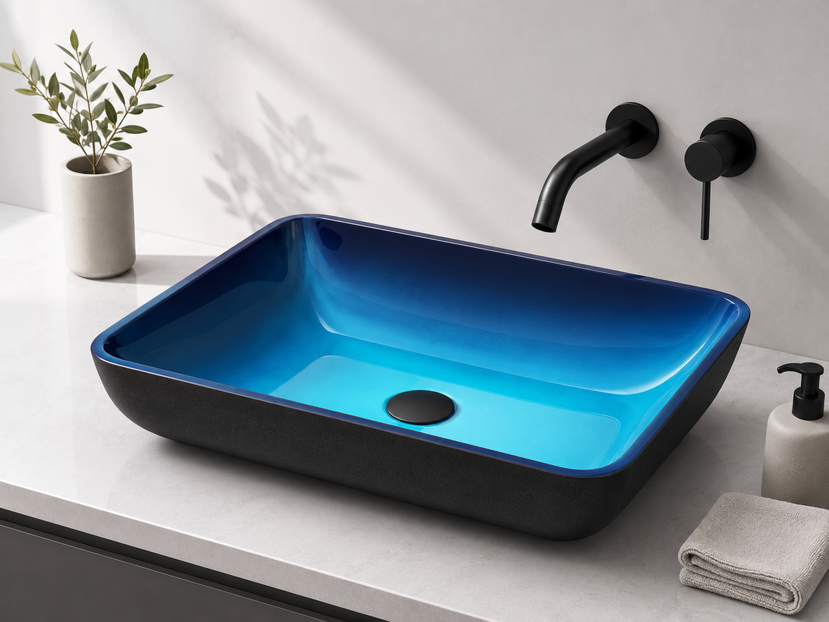 Turquoise Water Rectangular Glass Vessel Bathroom Sink GL016 — SANIKB